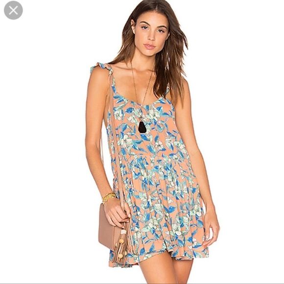 Free People Dear You Mini Dress, Orange/Blue ruffle sleeve tropical dress Sz-S - Picture 1 of 16